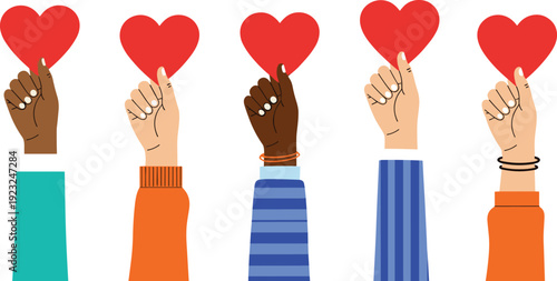 Raised hands holding hearts illustration, diverse vector artwork, unity and compassion concept, creative design element, collective support representation