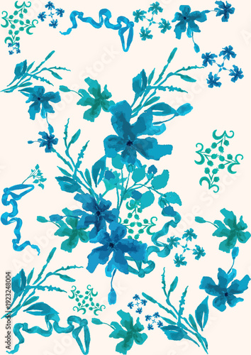 Seamless watercolor floral pattern with teal and blue hand painted flowers, flowing ribbons and delicate leaves on a soft neutral background. Modern botanical repeat for fabric and wallpaper.