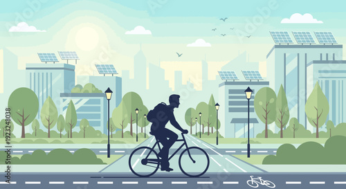 Eco-Friendly Urban Commute: Man Cycling in a Sustainable City with Solar Panels