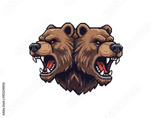 Two grizzly bears with open mouths against black background