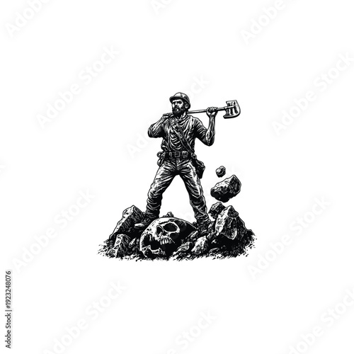 illustration of a bearded woodsman or lumberjack holding an axe, standing with a skull, rugged outdoor adventure concept