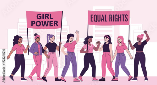 Empowered women marching for gender equality holding signs and banners in a feminist rally