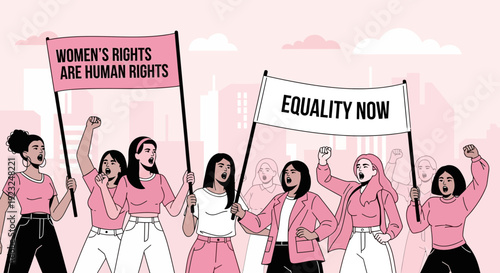 Empowered women marching for equal rights and justice with banners demanding equality now