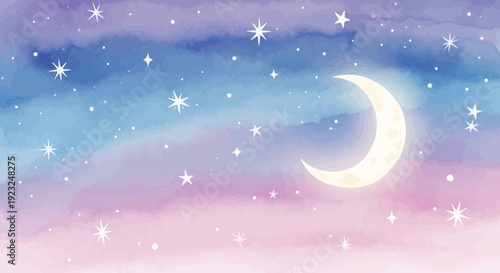 Enchanting watercolor night sky with a luminous moon and twinkling stars backdrop