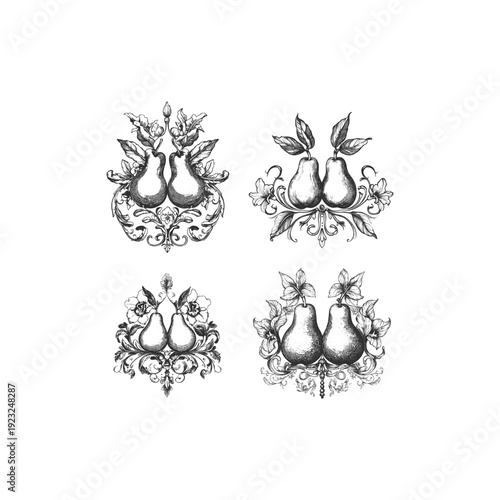 et of four detailed vintage-style vector illustrations of pears with ornate floral ornaments and leaves, classic botanical engraved design