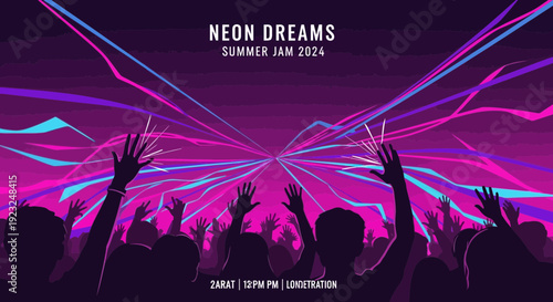 Energetic crowd silhouette with vibrant neon lights perfect for summer jam event promotion
