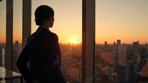 Businesswoman Contemplating Cityscape at Sunset.