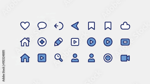 Set of 20 minimalist social media icons in a clean grid layout on white background, modern digital symbols