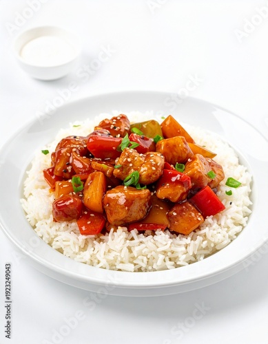 Delicious Sweet and Sour Chicken with Rice, a Culinary Delight on a White Plate.