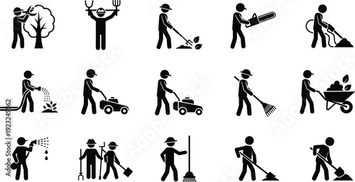 Professional gardener and landscaper stick figure icons set for garden maintenance lawn care horticulture and outdoor yard work