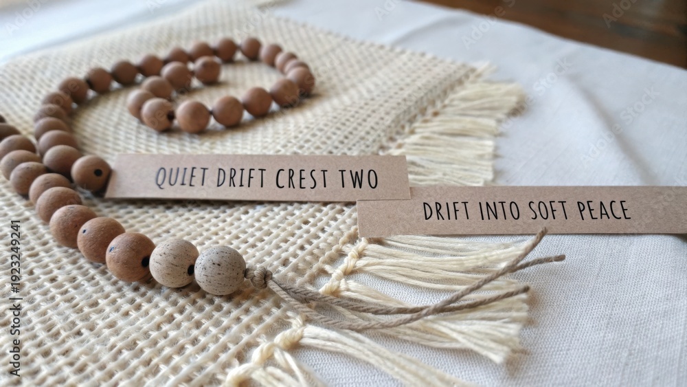 Fototapeta premium Calm Wooden Beads with Tranquil Labels on Natural Textile Surface for Peaceful Decor and Mindfulness Meditation
