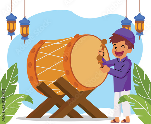 Muslim boy playing the bedug musical instrument. muslim man beating a traditional drum. islamic celebration