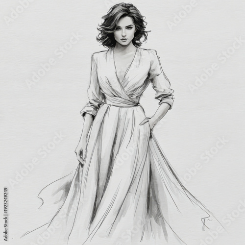 Stylish monochrome fashion illustration of a confident woman in a long wrap dress, captured with graceful flowing lines, ideal for editorial, branding, and design projects.