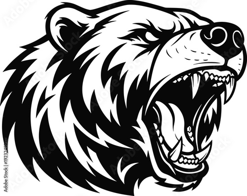 Black and white vector illustration of roaring bear head with fierce expression, aggressive style, symbolizing strength, power, intensity