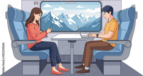 Vector illustration of a man and woman traveling on a train with laptop and phone overlooking mountain scenery