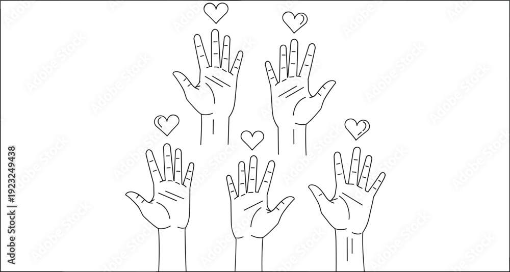 Obraz premium Raised hands with hearts illustration, volunteerism and unity artwork, creative vector design, compassion community concept representation