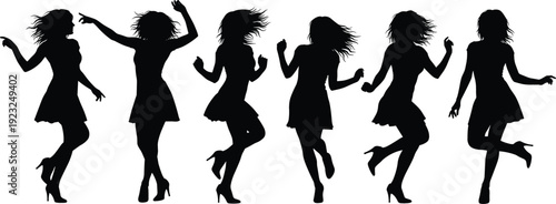 Set of happy women silhouettes dancing and celebrating for nightlife party club event and joyful female friendship lifestyle