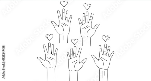Raised hands with hearts illustration, volunteerism and unity artwork, creative vector design, compassion community concept representation