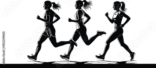 Black and white silhouettes of three diverse women running together in a row for fitness and marathon design