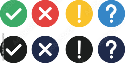 Eight circular with white checkmarks crosses exclamation marks and question marks check mark