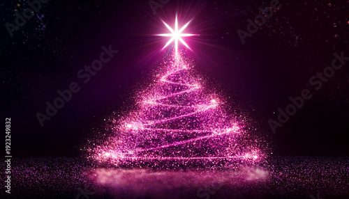 Pink Sparkling Christmas Tree Made From Glowing Particles And Bright Star On Black Background Magical Holiday Digital Art