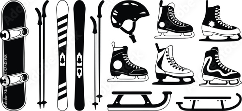 A black and white line art illustration of winter sports equipment arranged in a grid layout.
