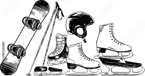 A black and white line art illustration of winter sports equipment arranged in a grid layout.