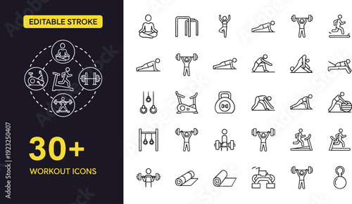 Yoga poses and bodyweight workout icons set including meditation stretching pilates running treadmill exercise gym mat and athletic performance symbols isolated vector