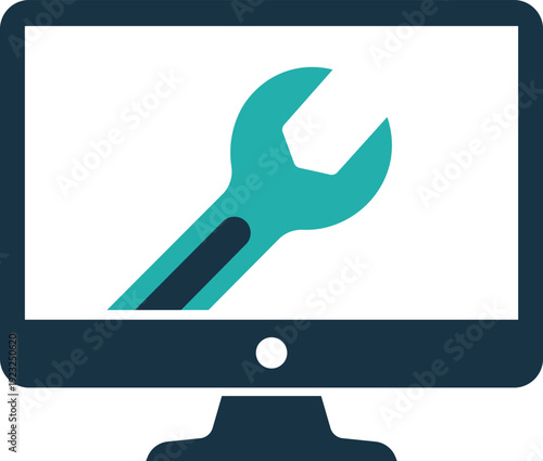 Teal wrench on dark blue computer screen with white background tool repair