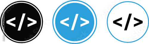 Three circular with code symbols in black blue and white programming technology digital computer
