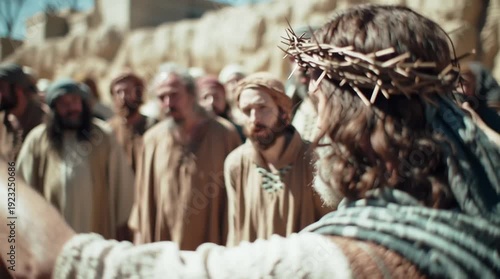Man with crown of thorns from behind, surrounded by a crowd in a desert setting