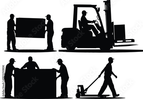 Professional warehouse workers silhouettes set featuring logistics team operating forklift pallet jack and moving cargo boxes in industrial storage