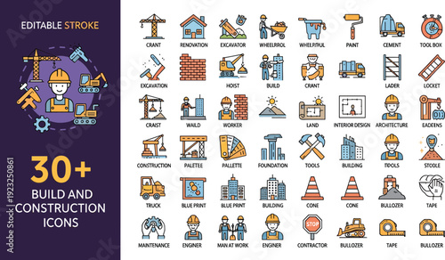 Construction and building industry icons set featuring heavy machinery engineer tools crane excavator truck blueprint and architecture equipment colorful linear vector