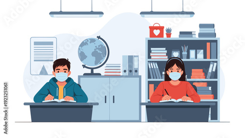 Diverse students wearing protective face masks while studying and writing in their notebooks at individual desks within a modern classroom setting.