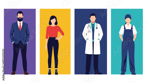 Collection of four vertical character panels representing diverse professions including a businessman, office worker, medical doctor, and industrial technician.