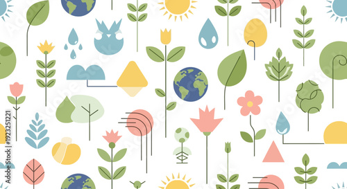 Eco-friendly pattern with nature elements: earth, sun, flowers, trees, water drops, clouds