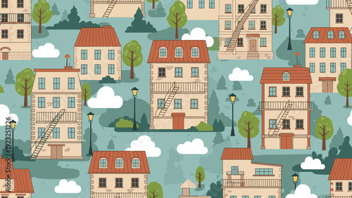 Charming seamless pattern featuring rows of various city buildings with red roofs, ladders, and small green trees on a muted blue-gray background.