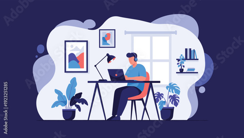 Productive man wearing headphones and working on his laptop in a stylishly decorated home office with indoor plants and art prints.