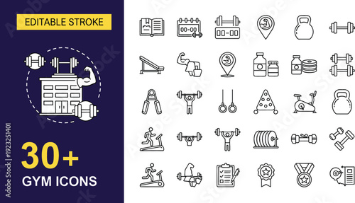 Comprehensive set of gym fitness icons including weightlifting equipment bodybuilding workout gear treadmill cardio and athletic training tools isolated line art vector