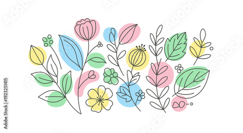 Hand-drawn floral illustration with pastel circles, simple botanical line art, spring theme