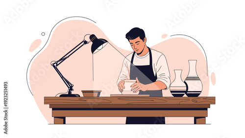 Skilled potter wearing an apron and working intently on a pottery wheel under the focused light of a desk lamp in his creative studio.