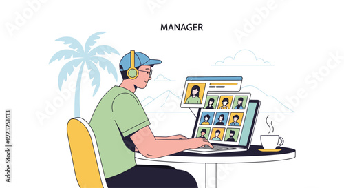 Manager working remotely on laptop with video conference call, tropical vacation setting