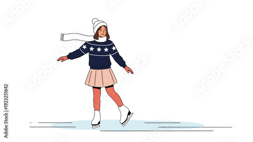 Happy young girl enjoying outdoor winter activities while ice skating wearing a warm star-patterned sweater, a white hat, and a long scarf.