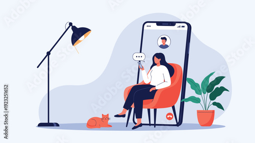 Communication concept showing a woman sitting in a chair as if she is inside a giant smartphone screen during a video call with a friend.