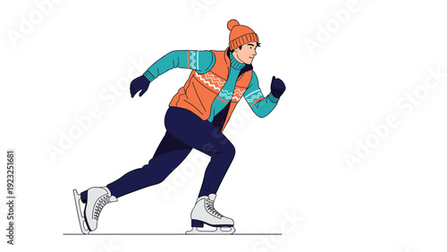 Dynamic illustration of a male speed skater in full motion wearing a warm winter vest, a beanie, and professional ice skates.