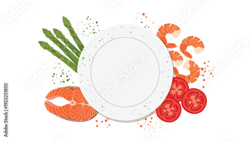 Top view illustration of fresh healthy food ingredients like salmon steak, shrimp, asparagus, and tomato slices arranged around a clean white plate.