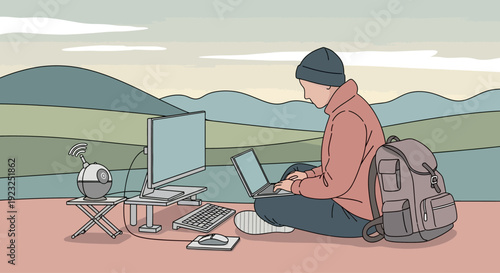 Remote Worker Outdoors: Person with Laptop and Monitor in Scenic Landscape