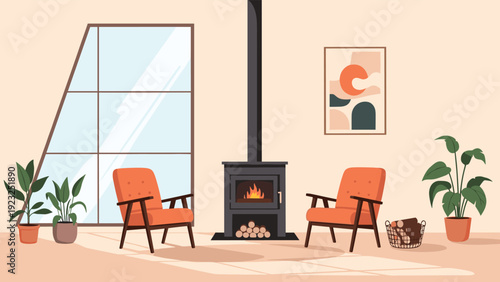 Cozy modern living room interior featuring two orange armchairs, a central wood burning stove, large window, potted plants, and abstract wall art.
