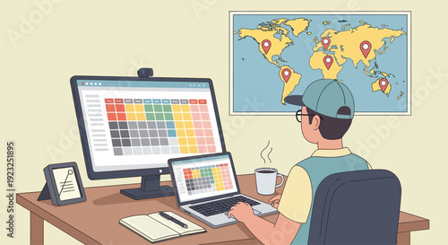 Remote worker planning global projects on computer with world map and calendar