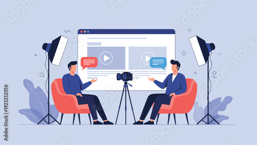 Professional video podcast or interview set showing two men talking in armchairs with cameras, studio lights, and a digital screen in the background.